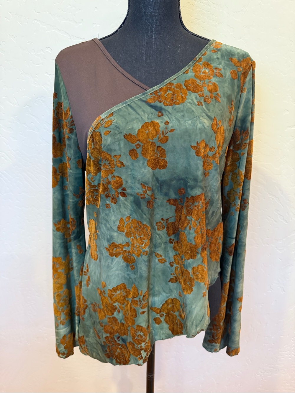 Teal & Rust Floral Asymmetric Long-Sleeve Top